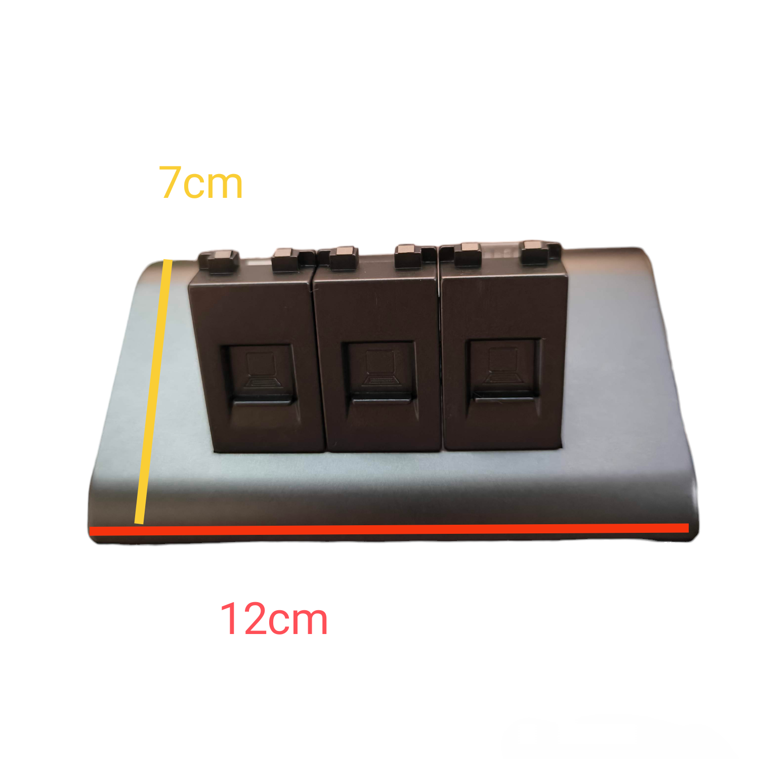 Royu 3 Gang Lan Outlet Dark Gray power socket panel measuring 12cm by 7cm