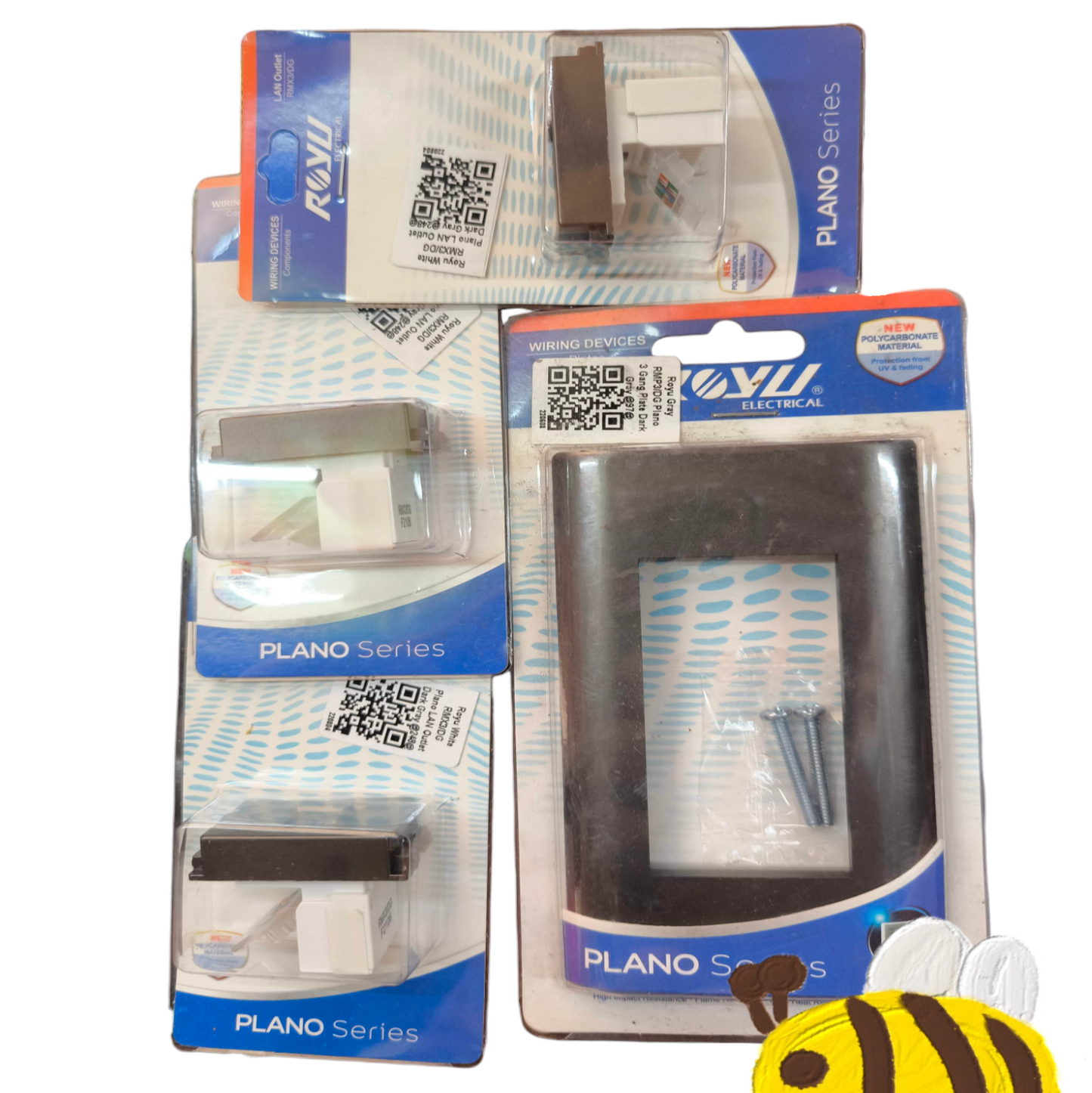 Royu 3 Gang Lan Outlet Dark Gray with Plano Series packaging showing various electrical switch and plug components