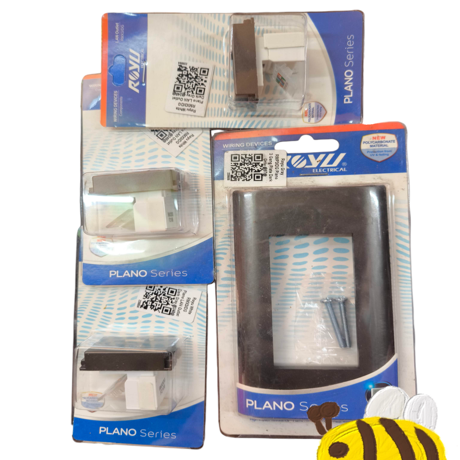 Royu 3 Gang Lan Outlet Dark Gray with Plano Series packaging showing various electrical switch and plug components