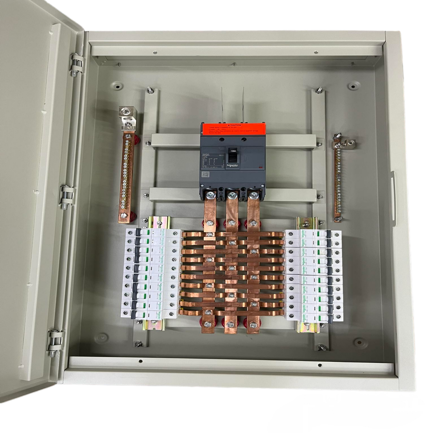 Schneider and Royu Panel Board 250A 3 Pole MCCB Main electrical circuitry inside metal enclosure