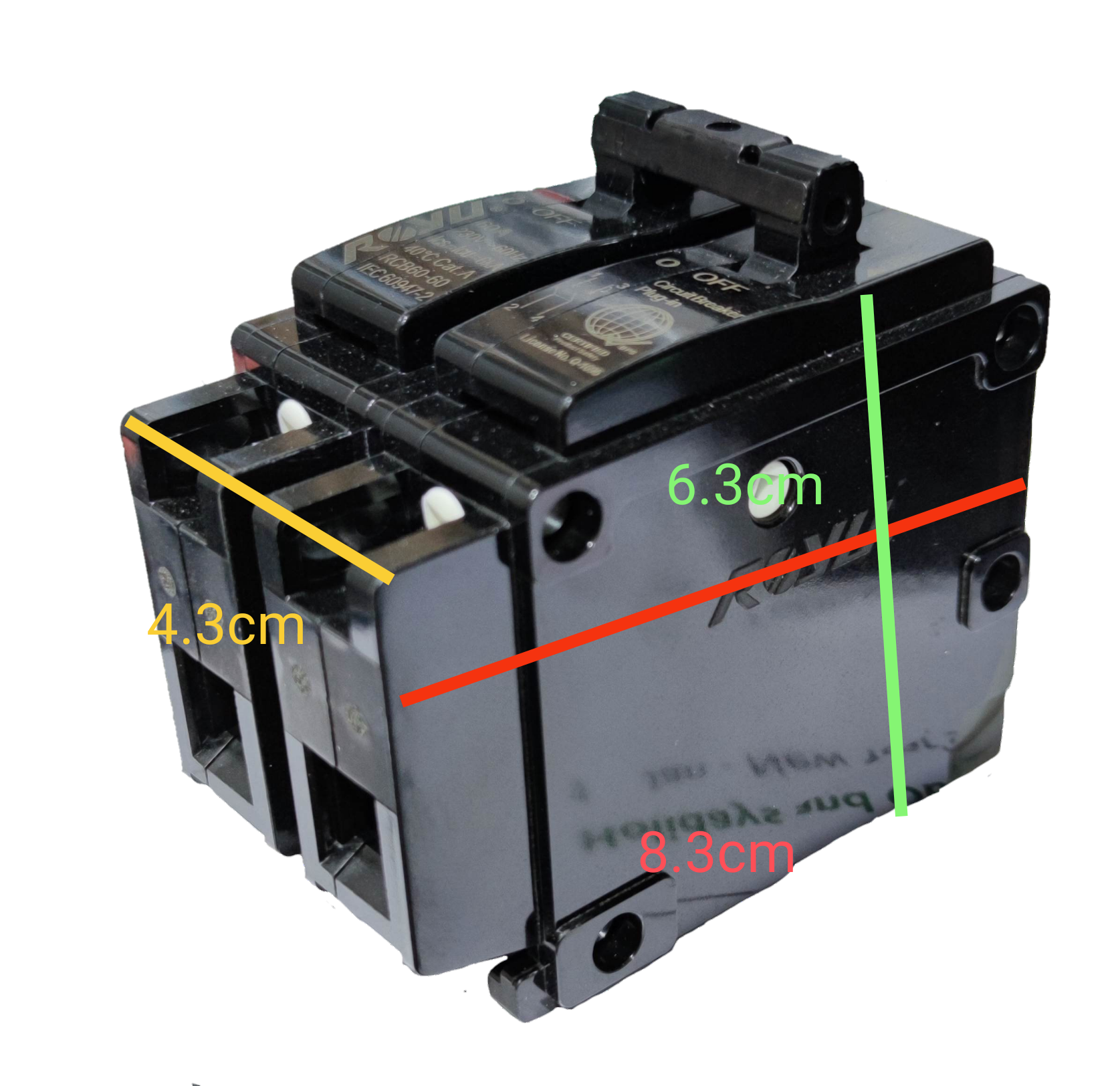 Royu 20A Circuit Breaker 2pole Plug In black electrical component with size dimensions