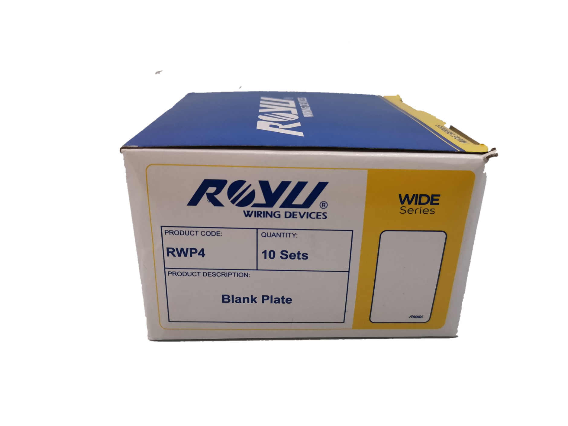 Royu Wide Series box for RWP4 10 sets showing product label and illustration of Blank Faceplate Cover Plate