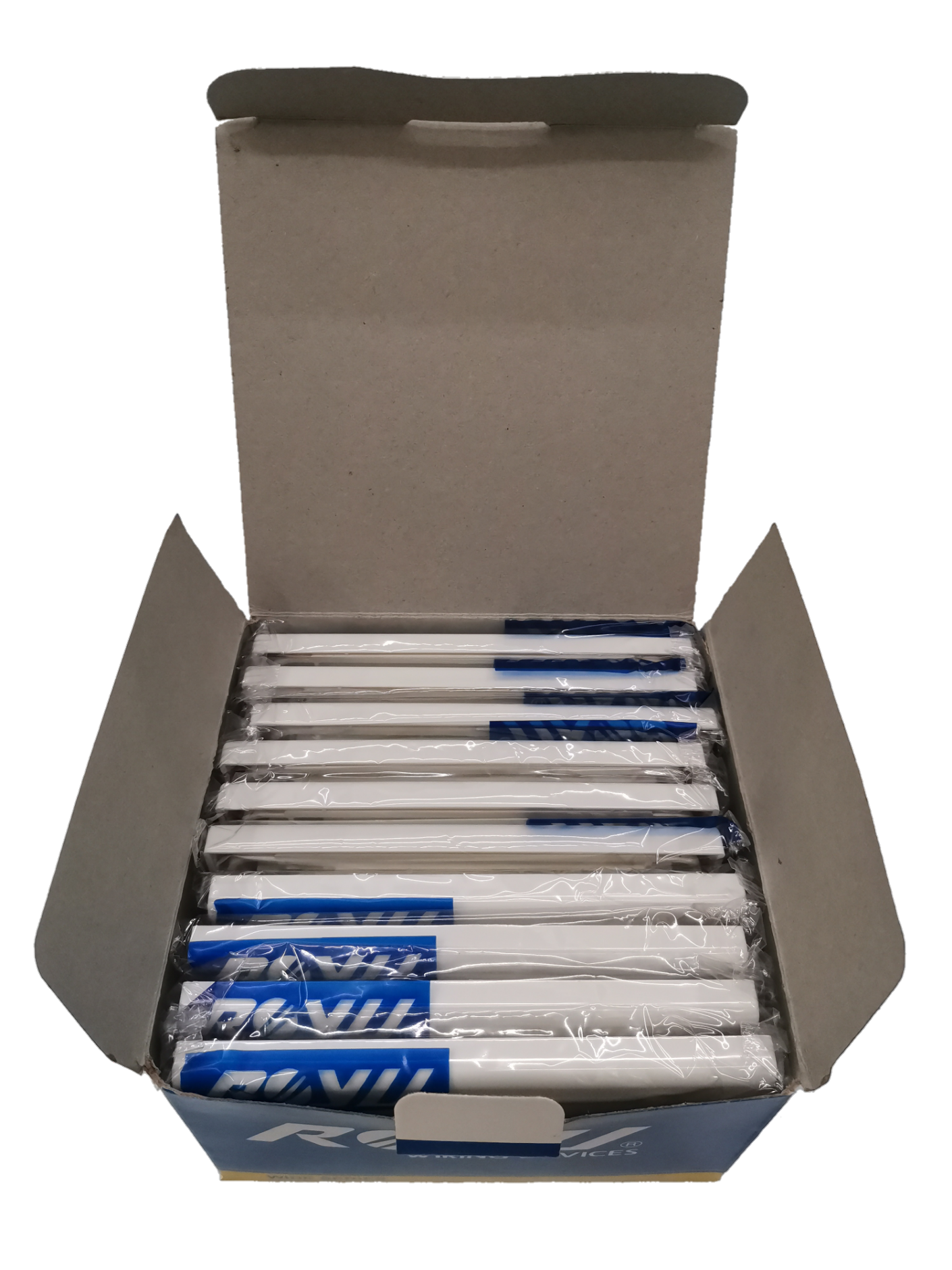 Box of Royu white Blank Faceplate Cover Plate units stacked in plastic packaging for power points and switches