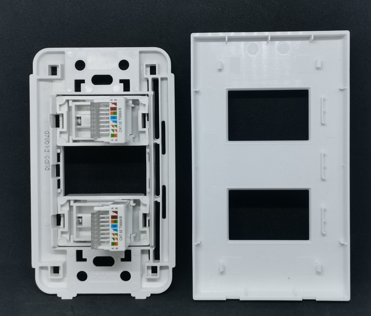 Royu 2 Gang LAN Outlet with Plate Wide white dual RJ45 keystone jacks mounted in frame and matching faceplate
