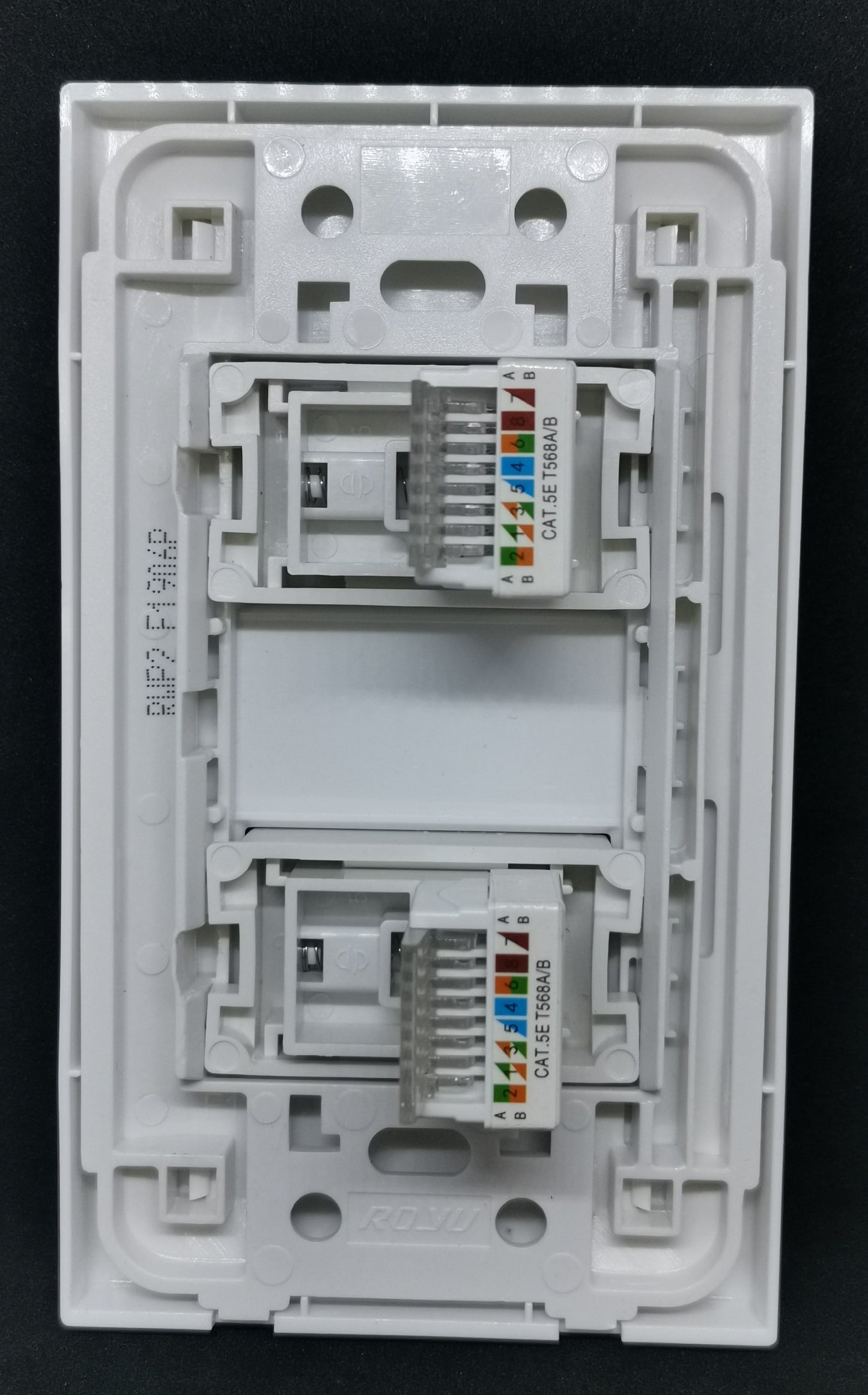 Royu 2 Gang LAN Outlet with Plate Wide white dual keystone jacks showing color coded punch down blocks