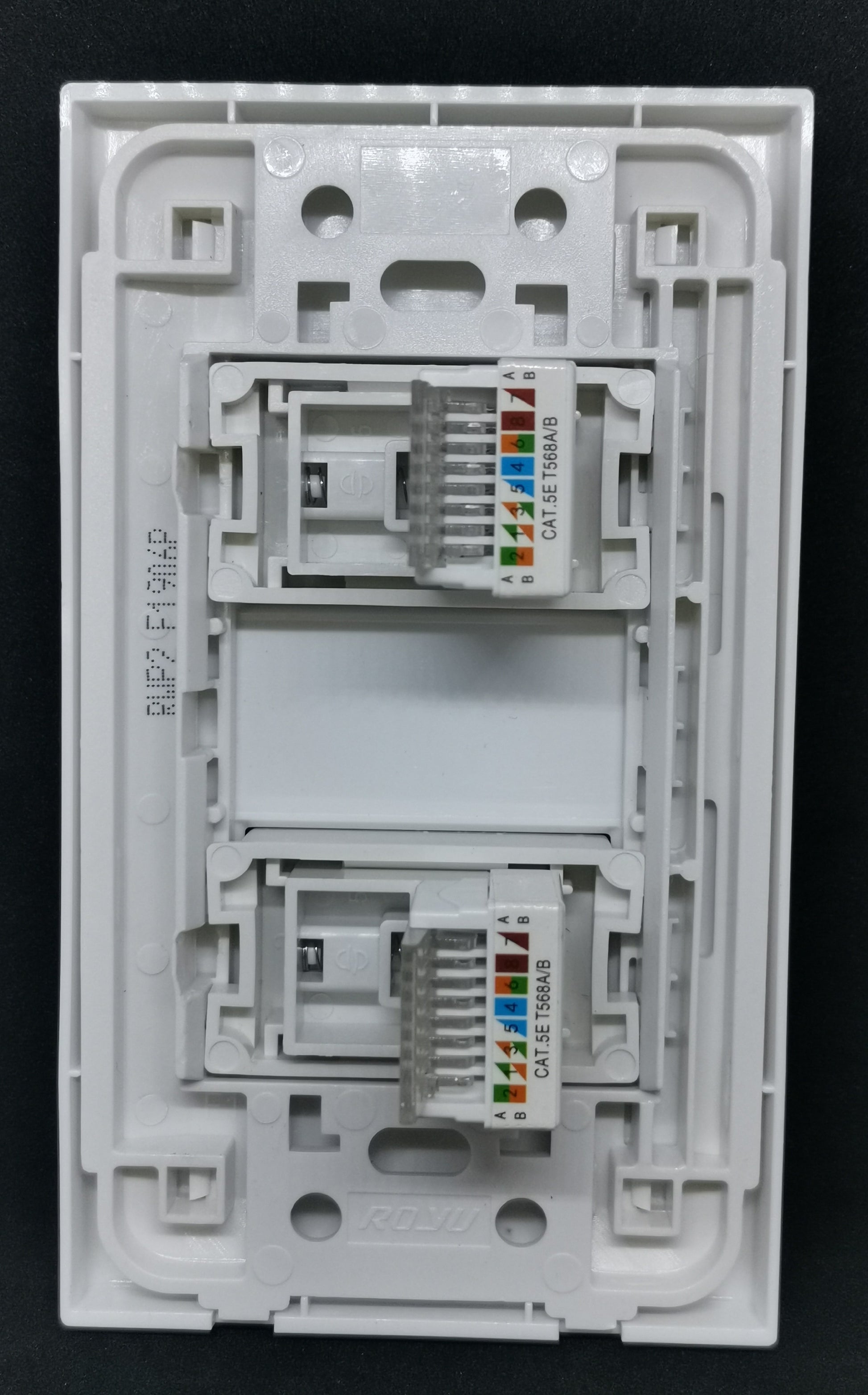 Royu 2 Gang LAN Outlet with Plate Wide white dual keystone jacks showing color coded punch down blocks
