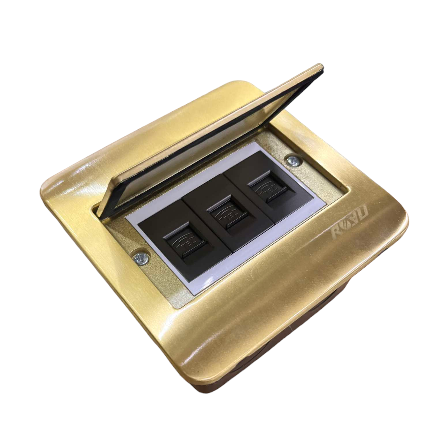 Royu Floor Outlet 3 Gang LAN Outlet Dark Gray with gold metallic frame and protective cover