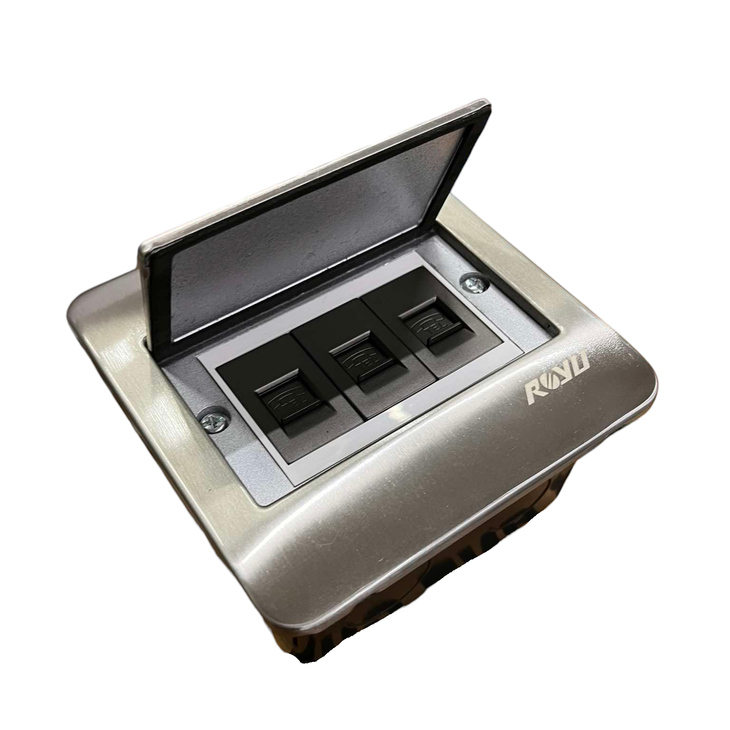 Royu Floor Outlet 3 Gang LAN Outlet Dark Gray with flip cover and three LAN ports