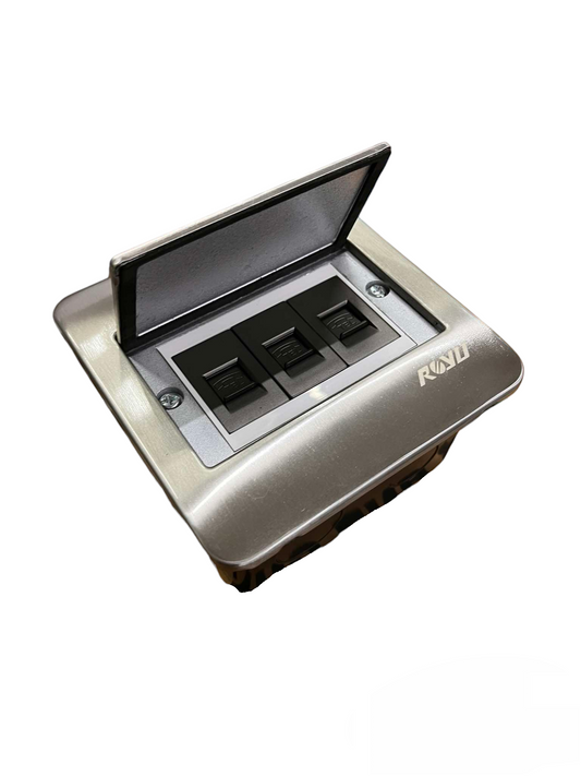 Royu Floor Outlet 3 Gang LAN Outlet Dark Gray with flip cover and three LAN ports