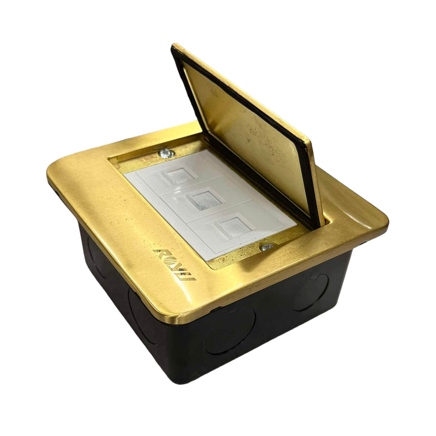 Royu floor outlet TEL and 2 LAN outlet with gold frame and hinged cover for power and network connections