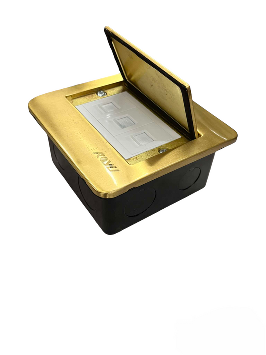 Royu floor outlet TEL and 2 LAN outlet with gold frame and hinged cover for power and network connections