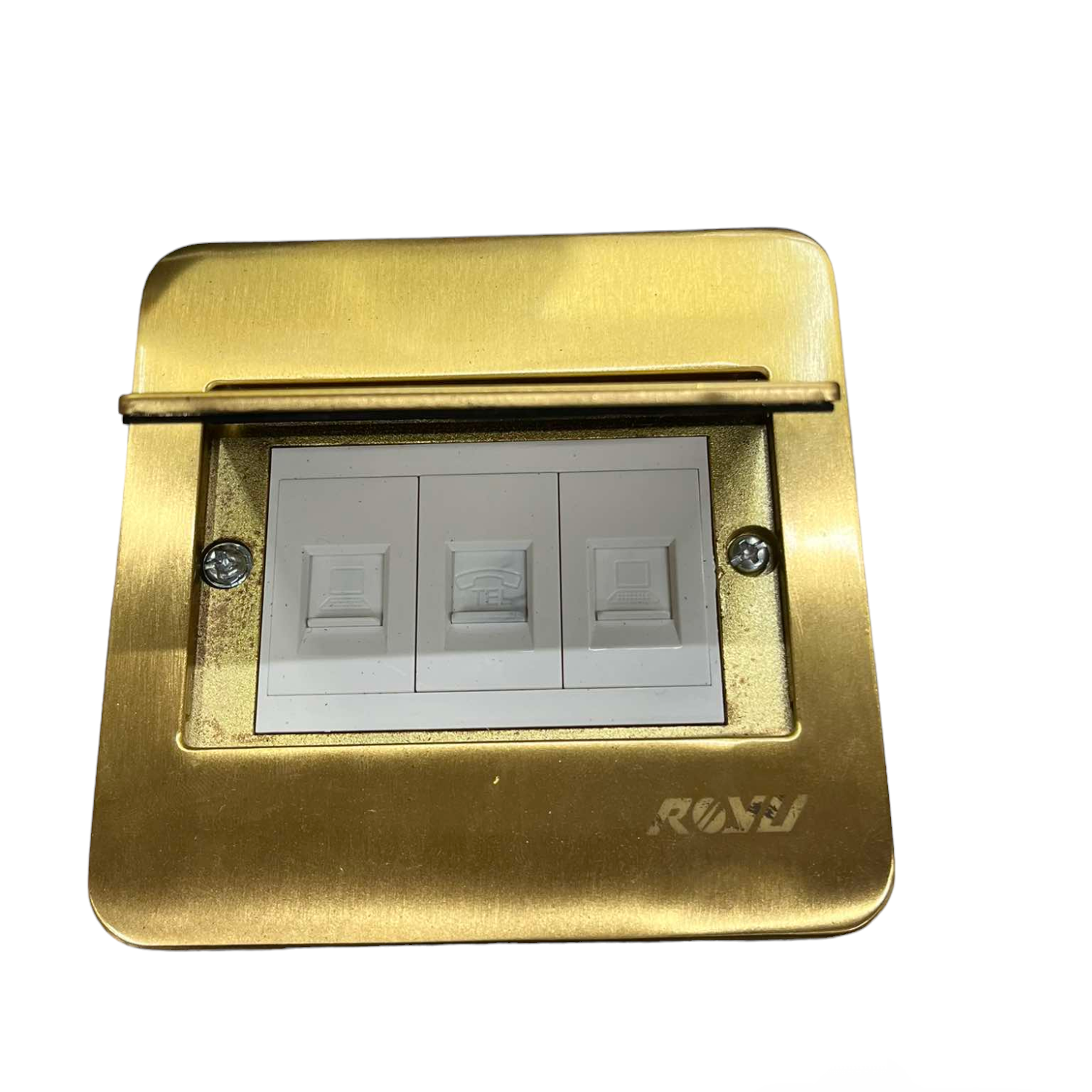 Royu Floor Outlet TEL and 2 LAN Outlet with gold metal cover and white ports for connectivity