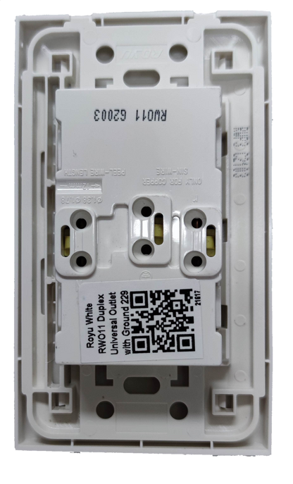 Royu white outlet with ground and plate showing wiring and mounting components