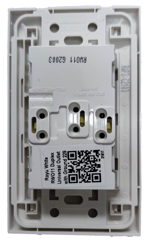 Royu white outlet with ground and plate showing wiring and mounting components