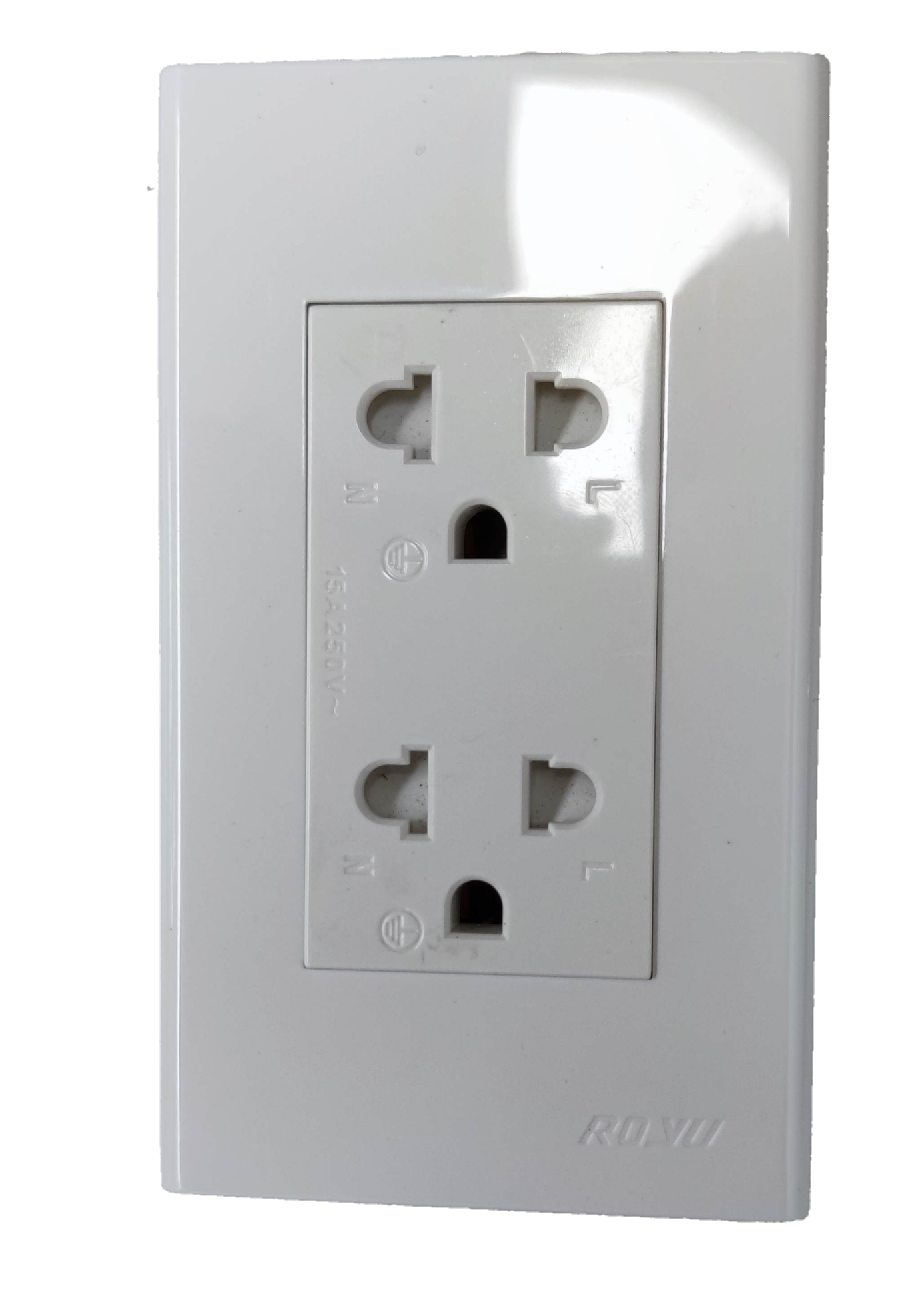 Royu white outlet with ground and plate for secure electrical connections