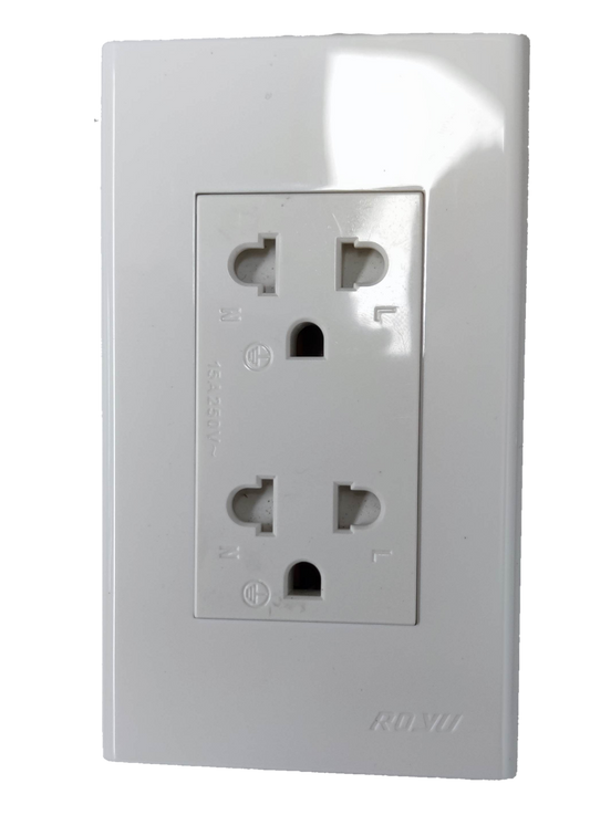Royu white outlet with ground and plate for secure electrical connections