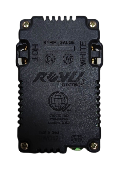 Back view of Royu Duplex Universal Outlet with 2 USB Port showing wiring and certification details