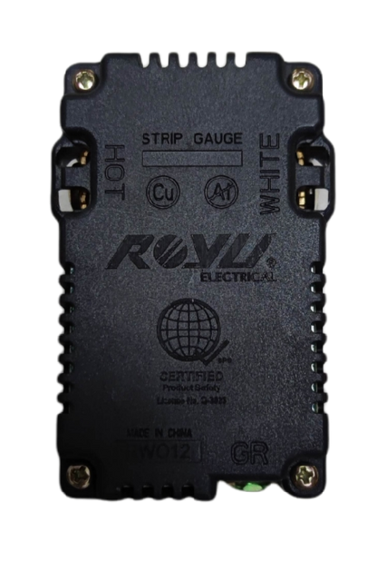 Back view of Royu Duplex Universal Outlet with 2 USB Port showing wiring and certification details