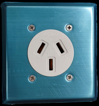 Electx Electrical Supply industrial 30A power outlet mounted on a blue metal plate
