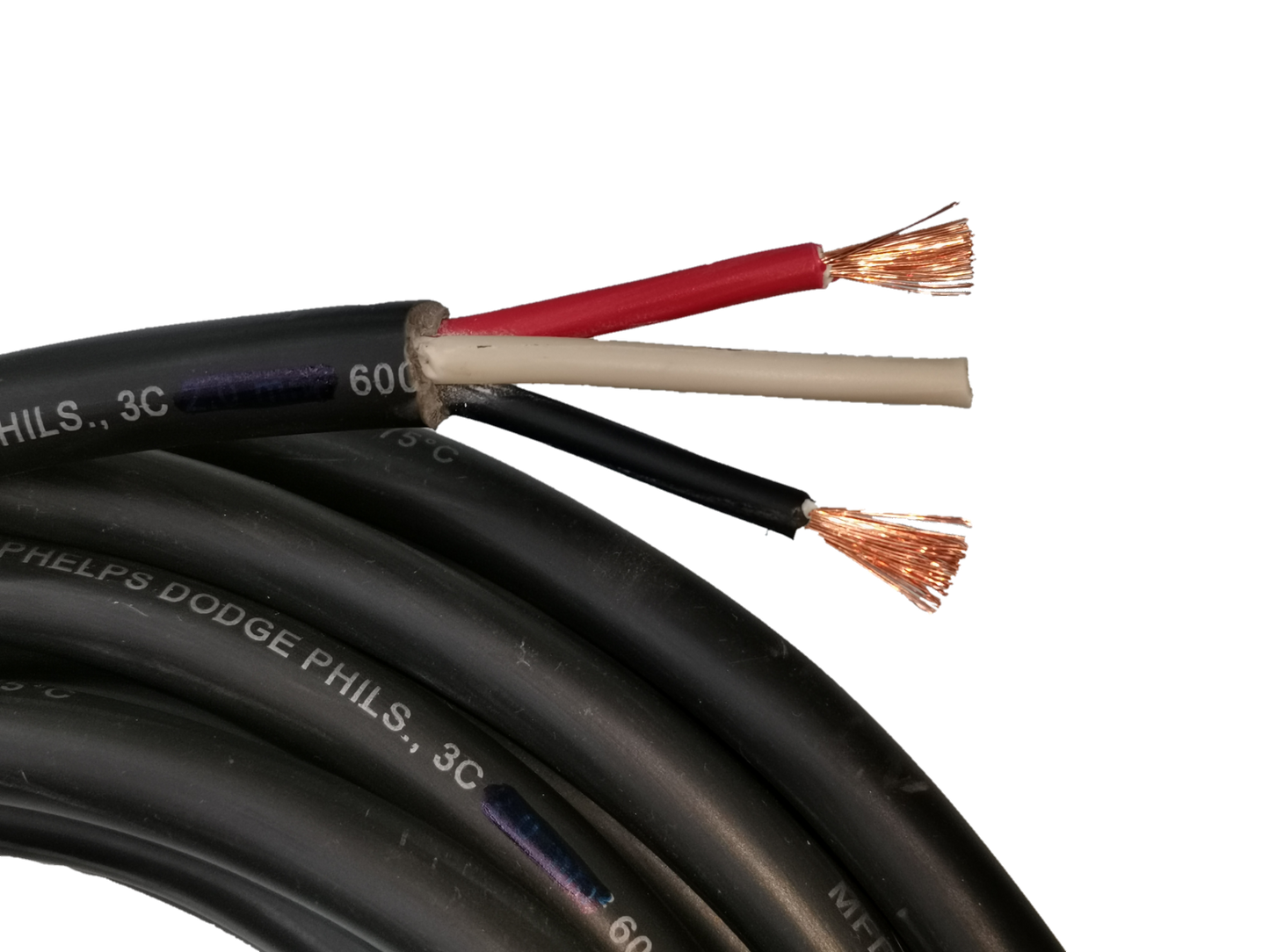 Phelps Dodge 0.75mm 3 core royal cord with exposed copper wires and black outer insulation