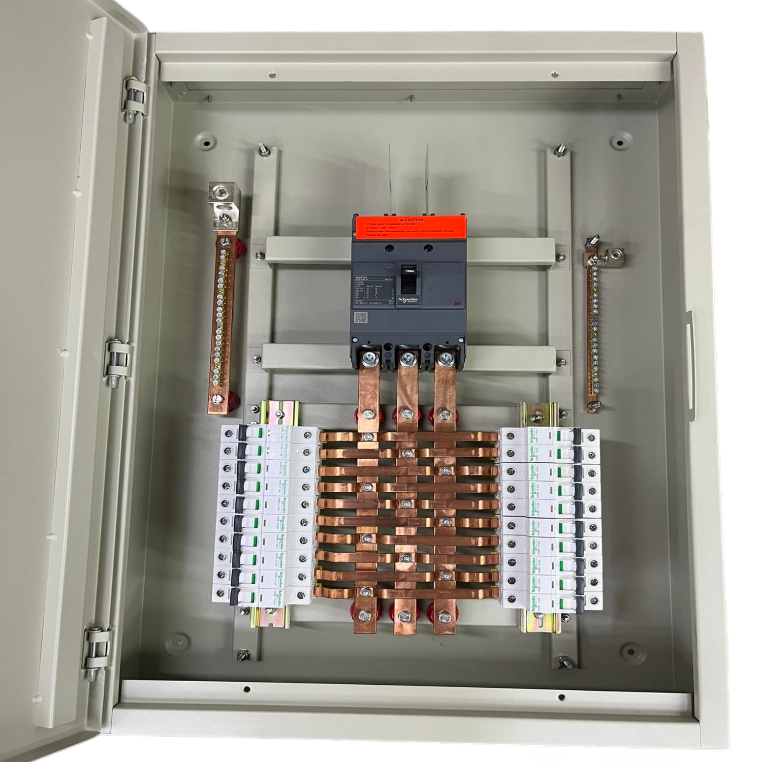 Panel Board 250A 3 Pole MCCB Main electrical circuitry part inside gray metal enclosure