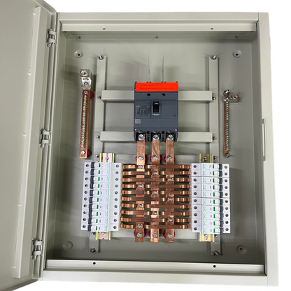 Panel Board 250A 3 Pole MCCB Main electrical circuitry part inside gray metal enclosure