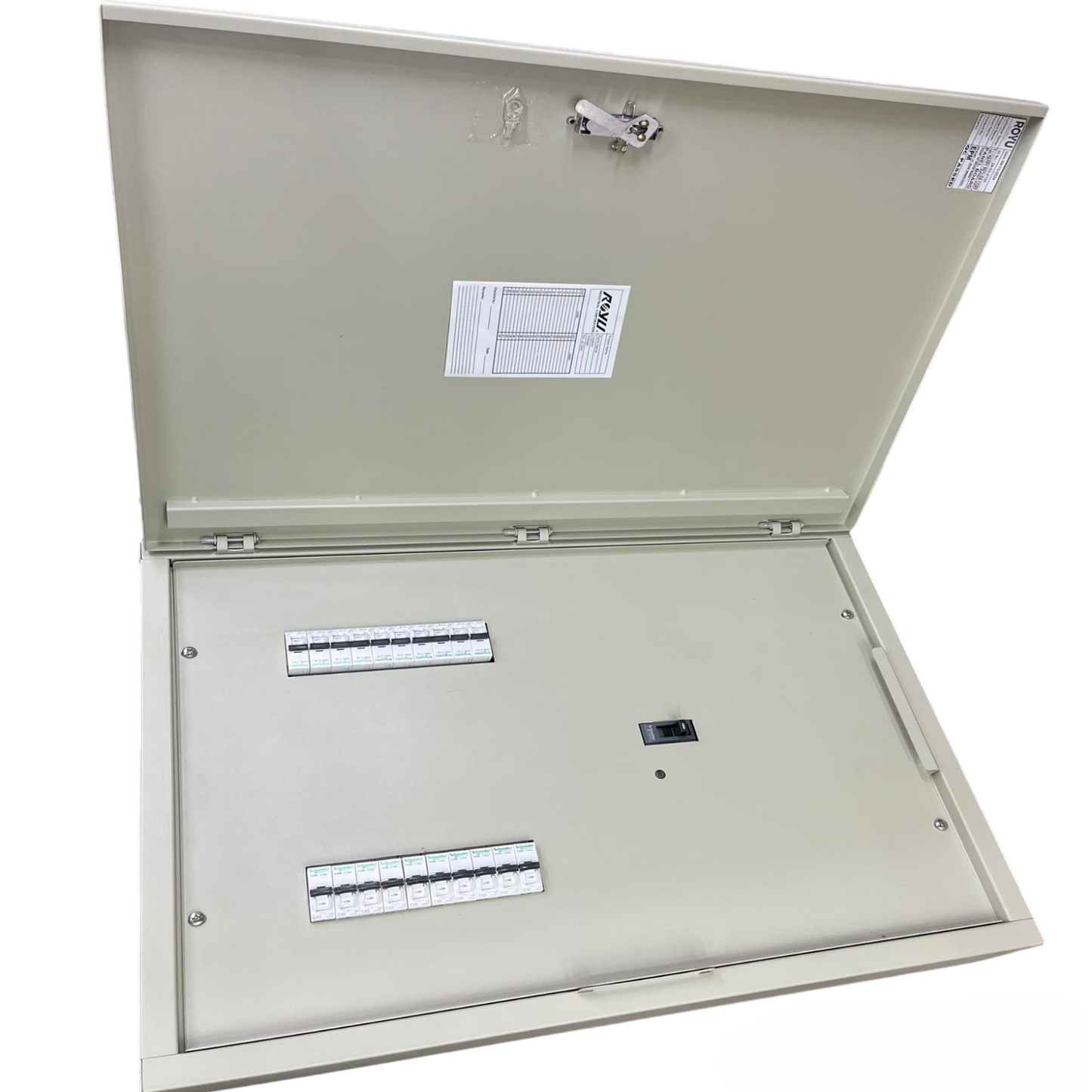 Panel Board 250A 3 Pole MCCB Main electrical circuit board by Schneider Royu with open cover and labeled breakers