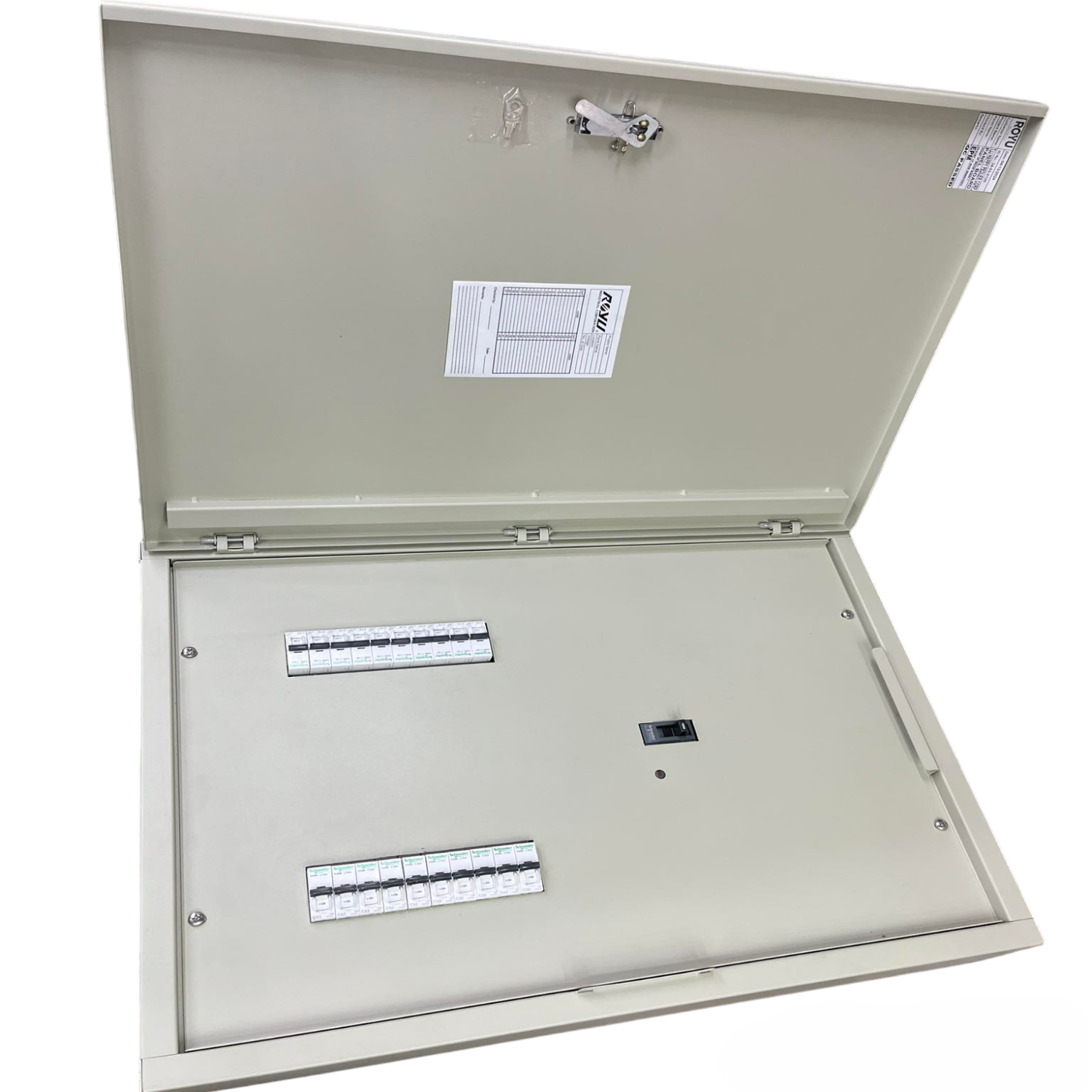 Panel Board 250A 3 Pole MCCB Main electrical circuit board by Schneider Royu with open cover and labeled breakers