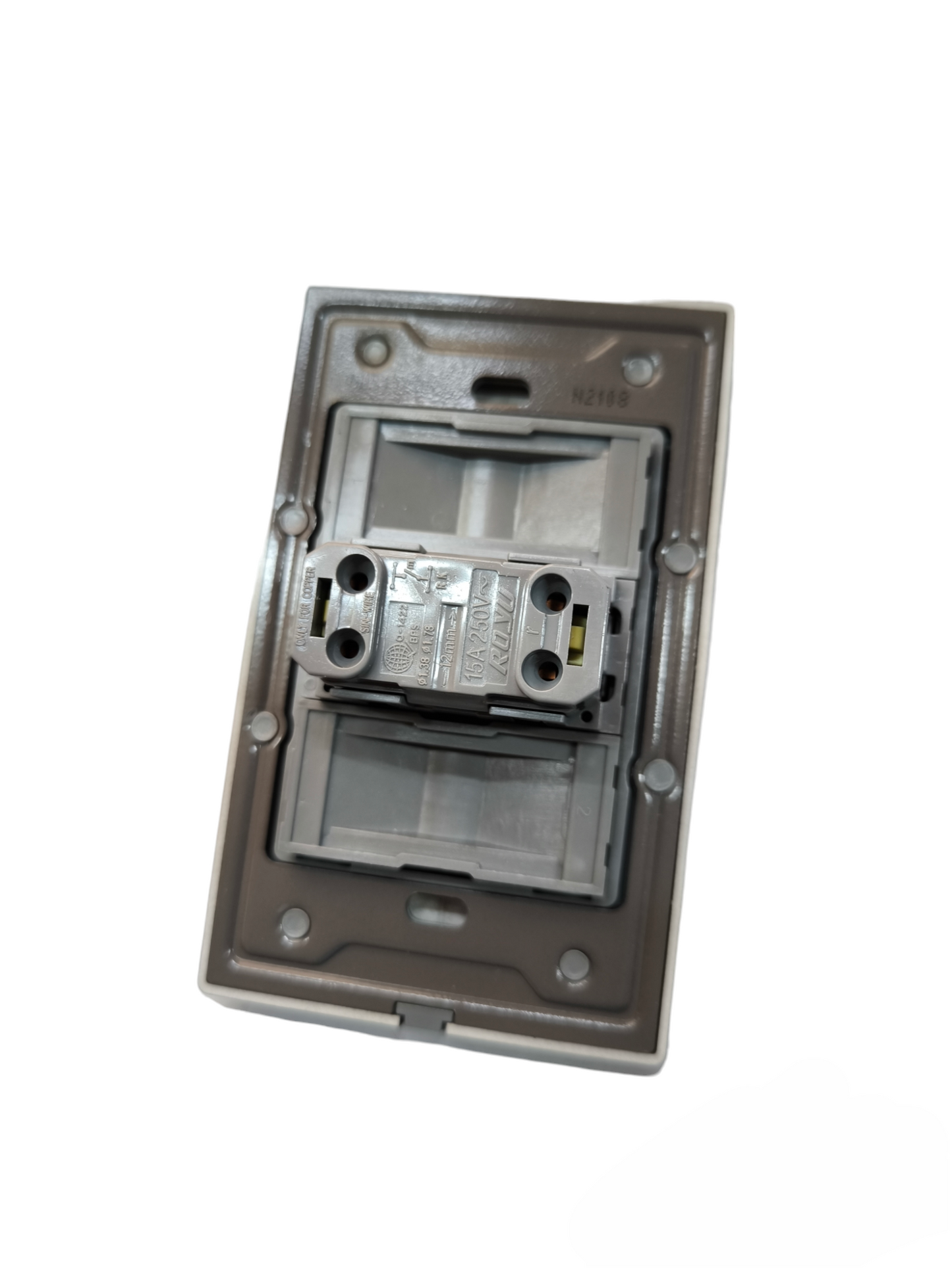 Back view of Royu 1 way switch dark gray showing wiring terminals and mounting plate