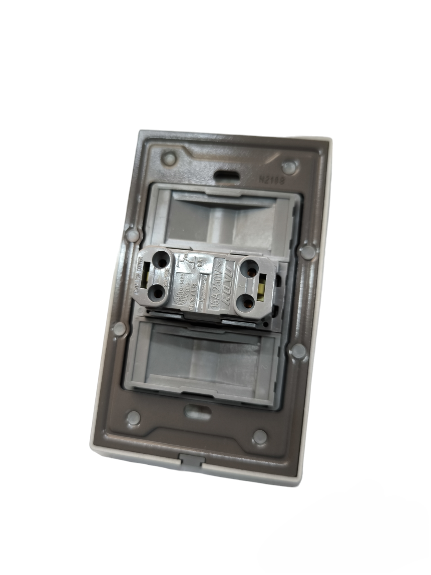 Back view of Royu 1 way switch dark gray showing wiring terminals and mounting plate