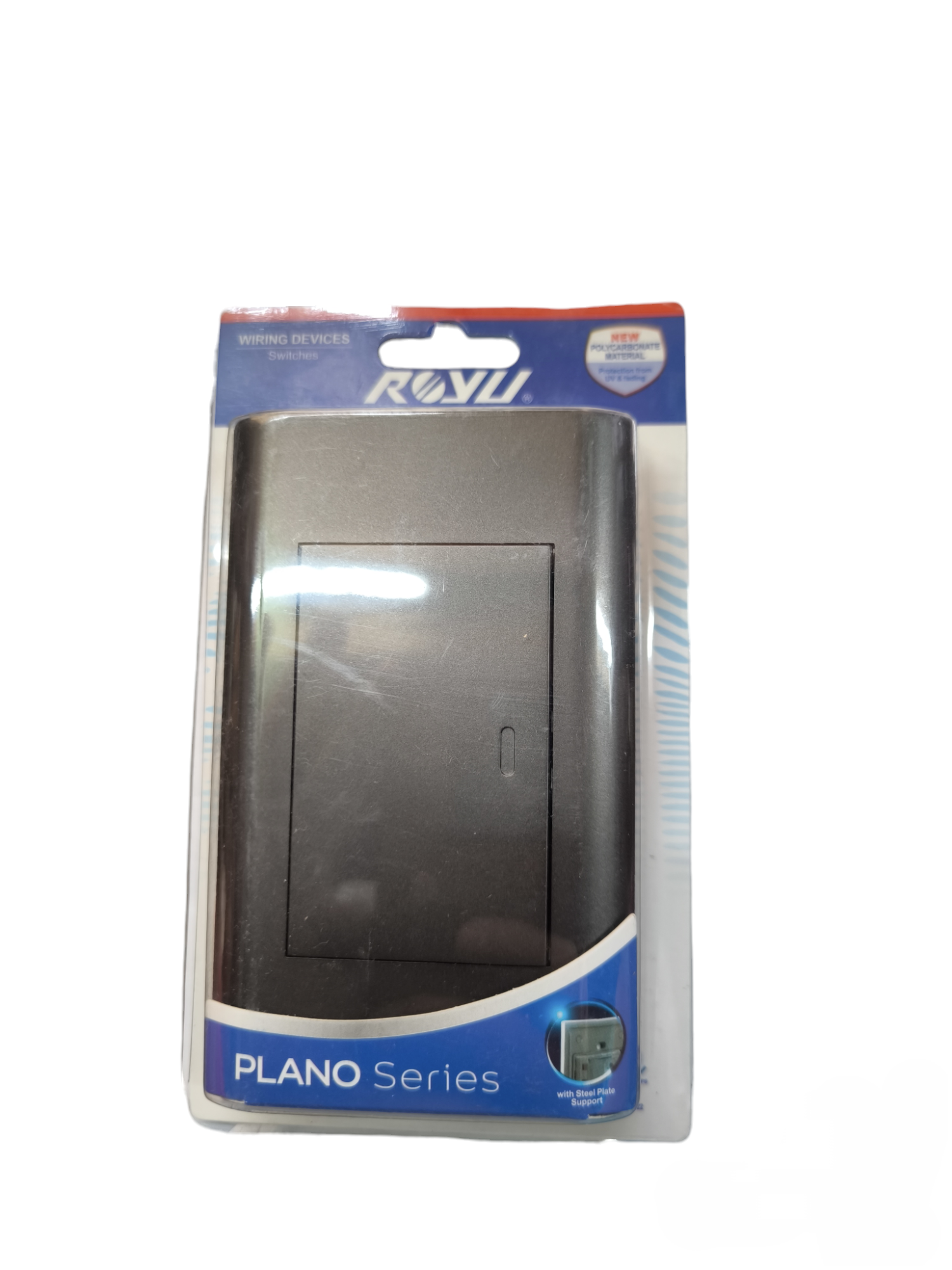 Royu 1 way switch dark gray from Plano Series in packaging for power points and switches