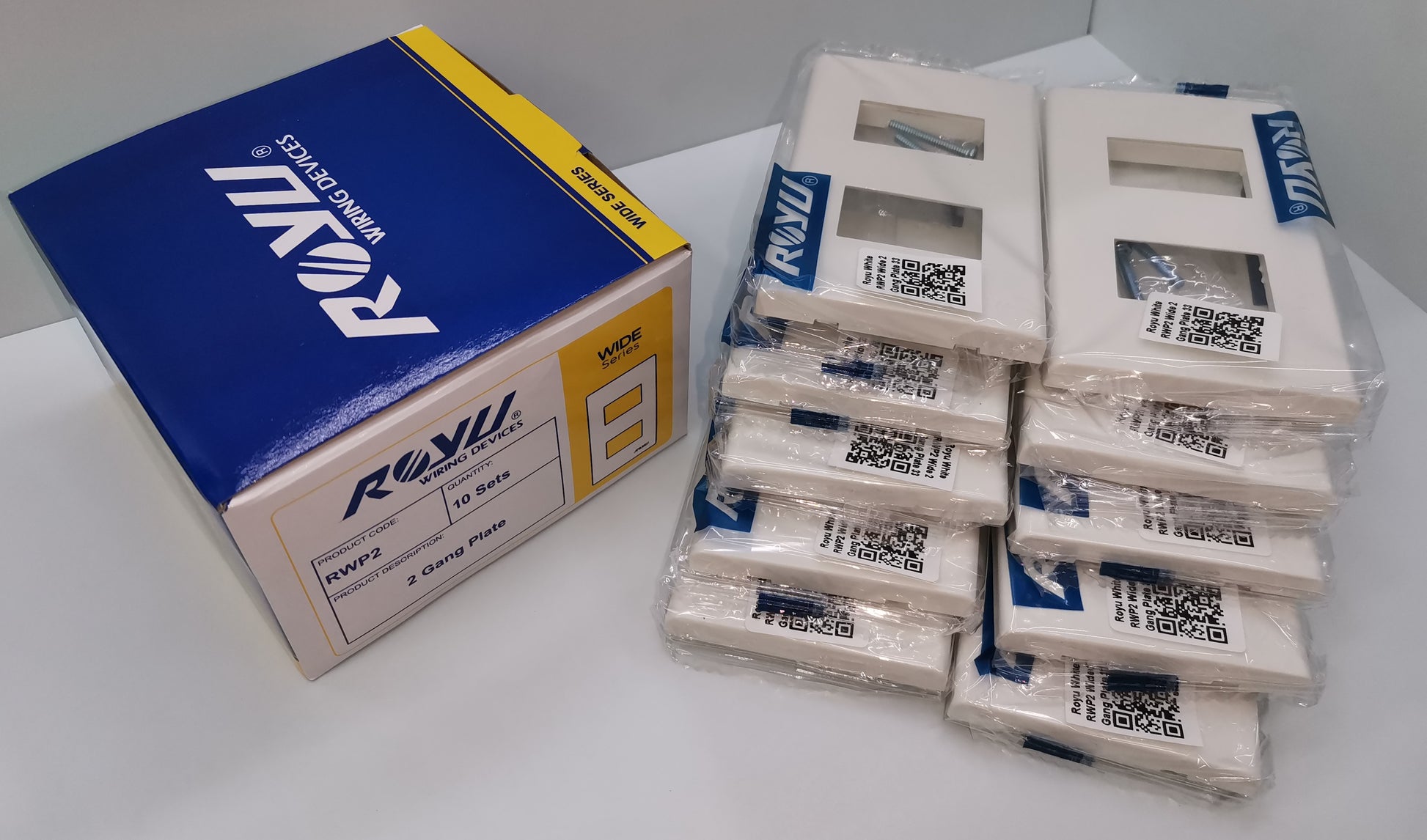 Electx Electrical Supply Royu 2 gang faceplate white power point switch covers in packaging