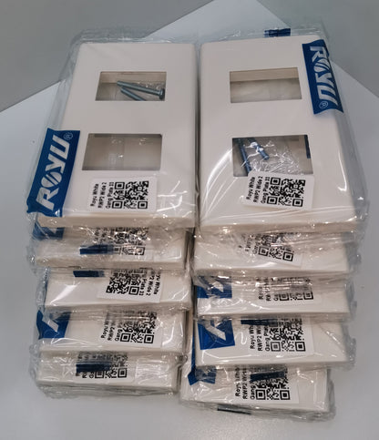 Stack of packaged Royu 2 gang faceplate power points and switches from Electx Electrical Supply