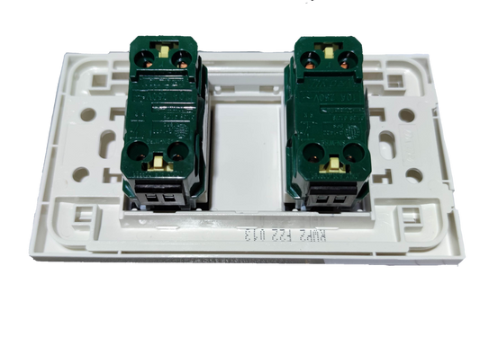 Back view of Royu 2 gang light switch showing wiring terminals and mounting plate