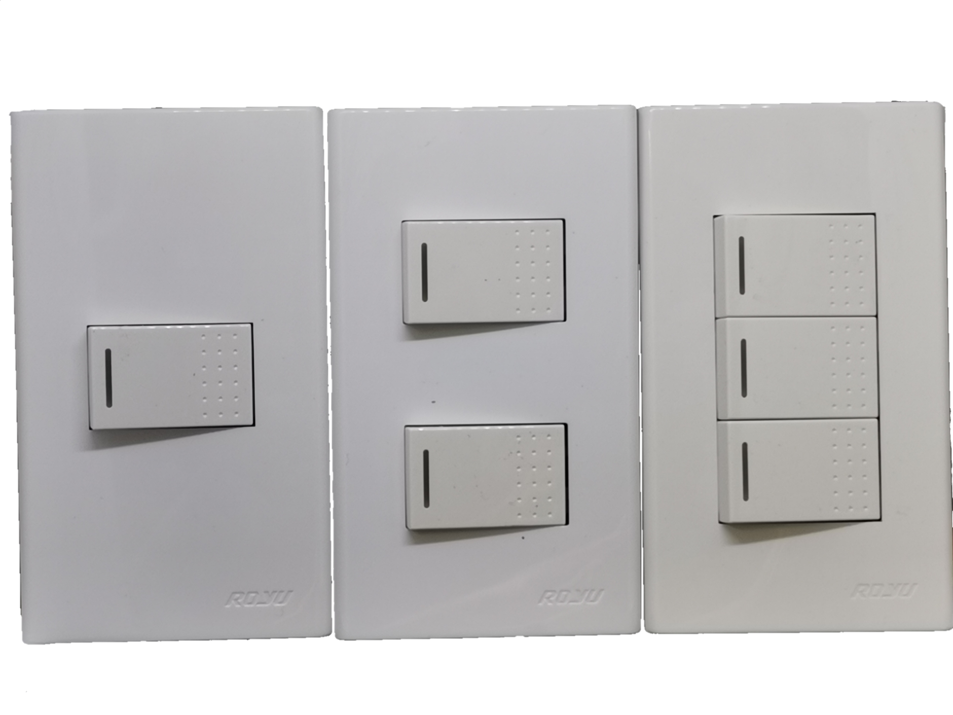 Royu 2 gang light switch with multiple switch configurations in white plastic panels