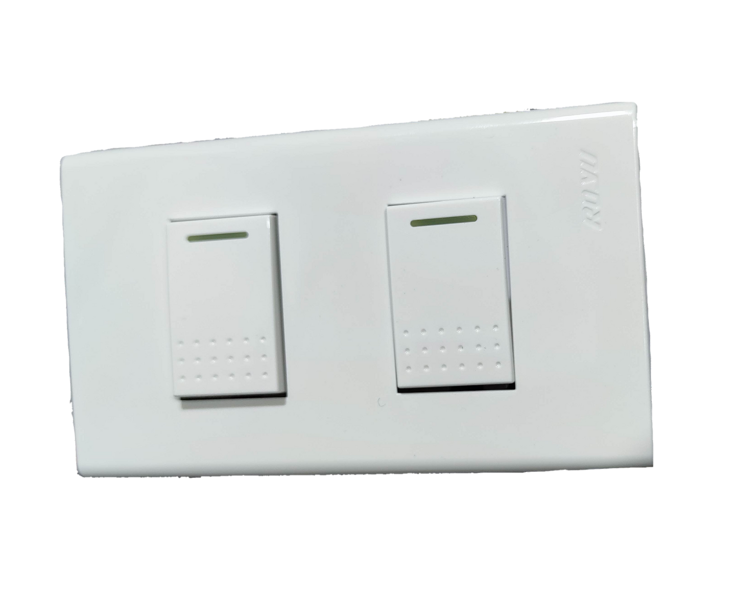 Royu 2 gang light switch in white with rectangular rocker buttons and indicator lines