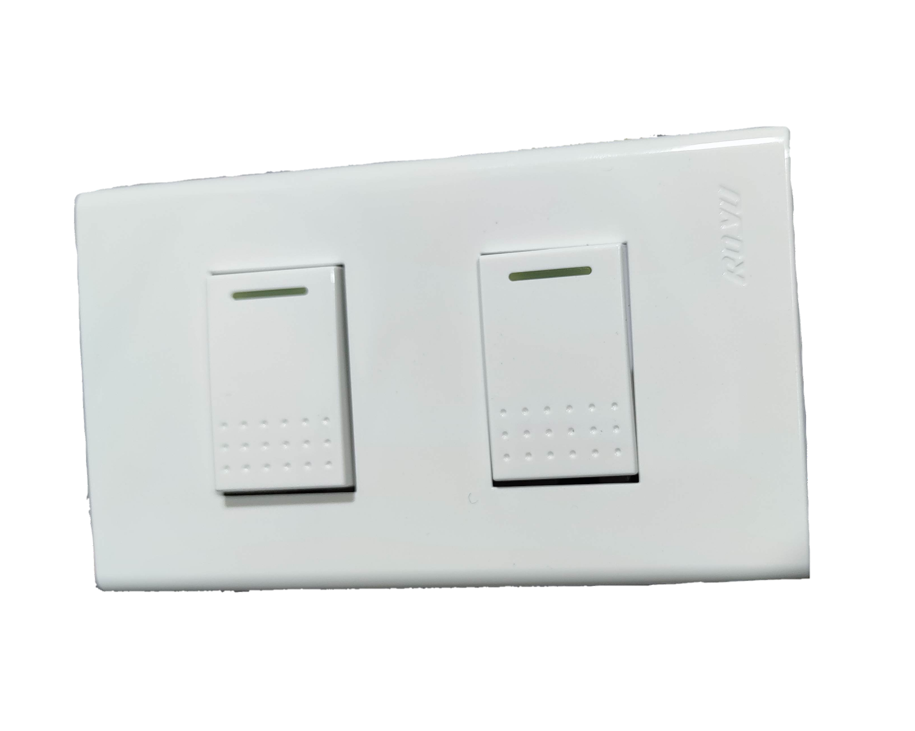 Royu 2 gang light switch in white with rectangular rocker buttons and indicator lines