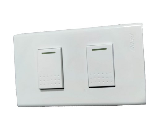Royu 2 gang light switch in white with rectangular rocker buttons and indicator lines