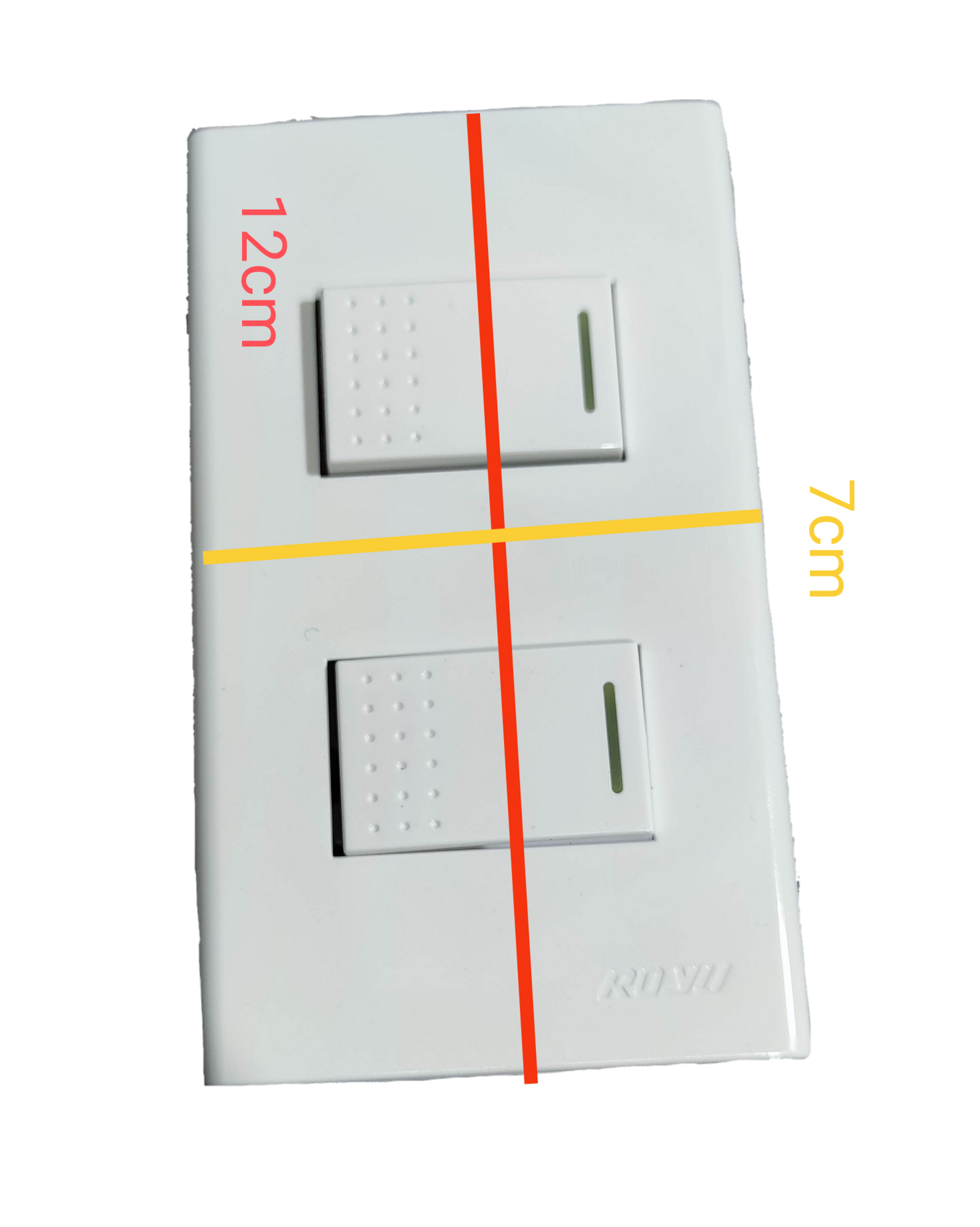 Royu 2 gang light switch with white rectangular design and indicator lights showing size dimensions
