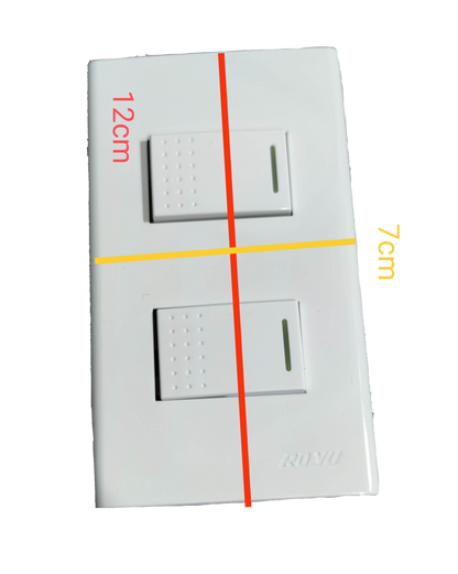 Royu 2 gang light switch with white rectangular design and indicator lights showing size dimensions