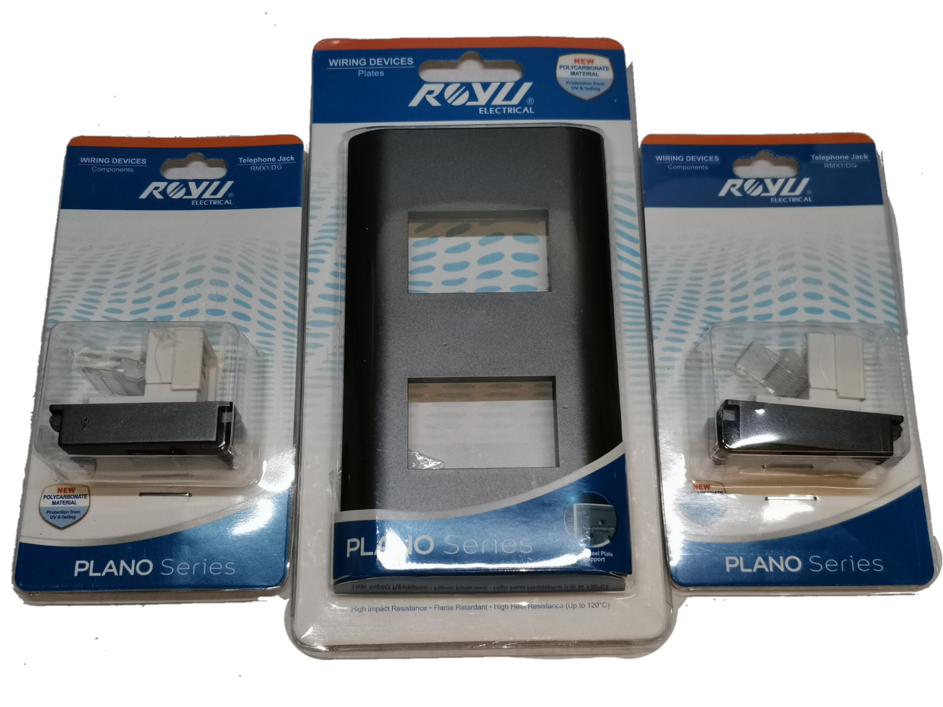 Royu 2 gang telephone outlet with wiring devices in Plano Series packaging for easy installation