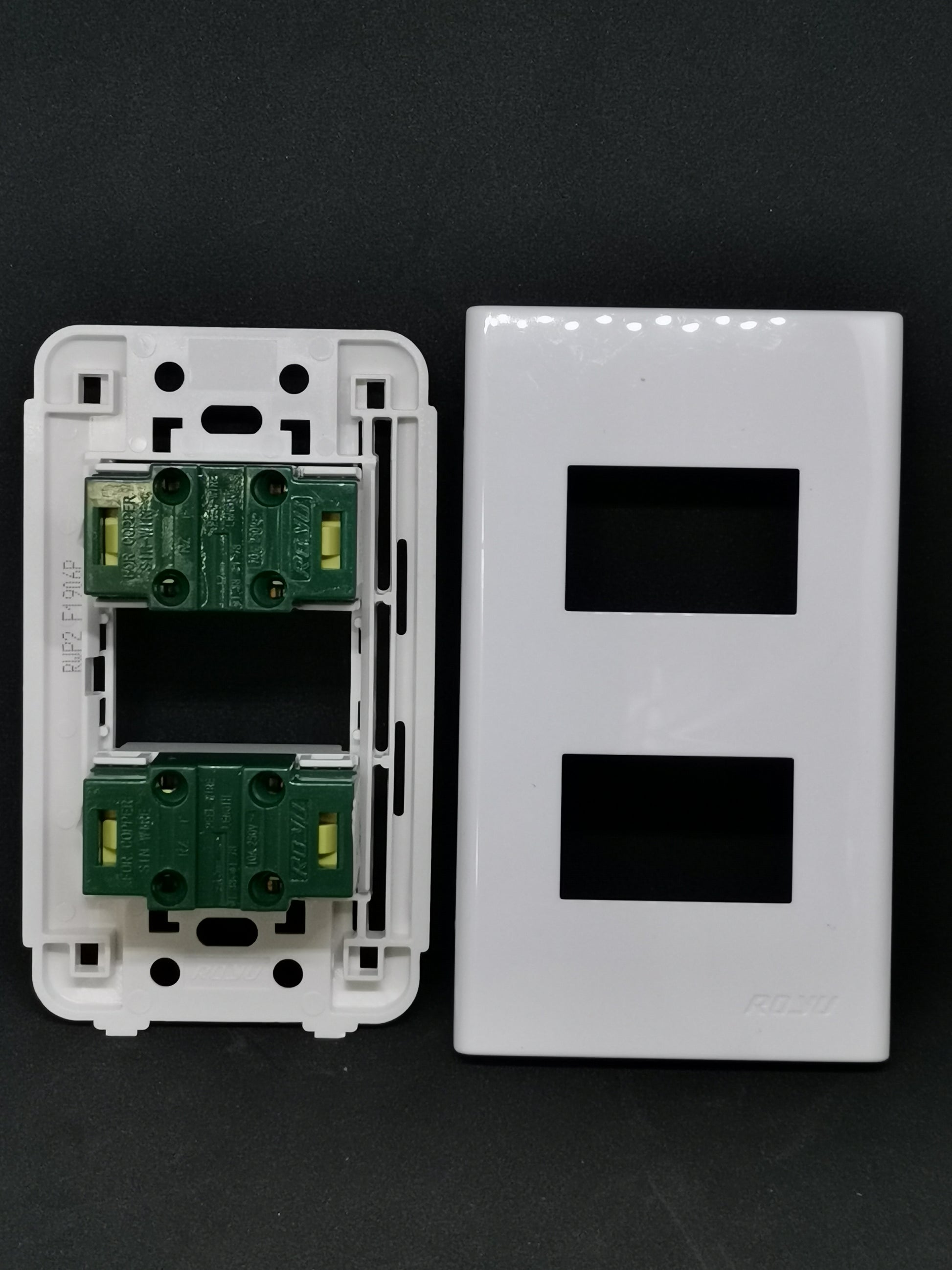 Royu 2 gang universal outlet with white plastic faceplate and dual socket openings for electrical connections