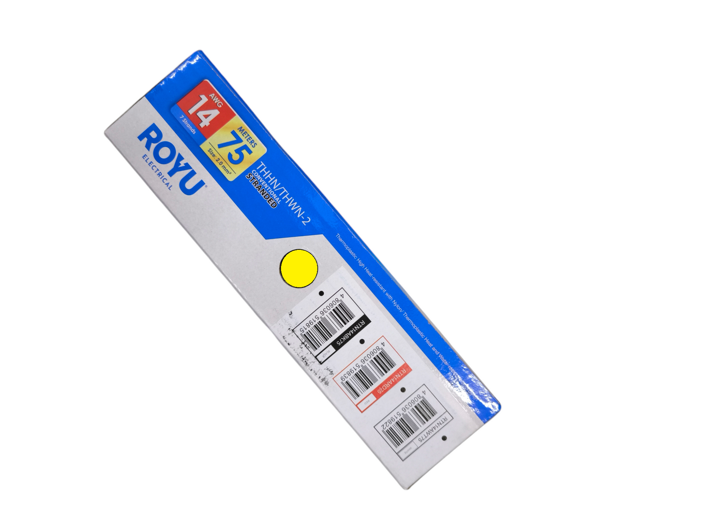 Royu 2.0mm stranded wire 75m Yellow packaged with blue and white label showing specifications