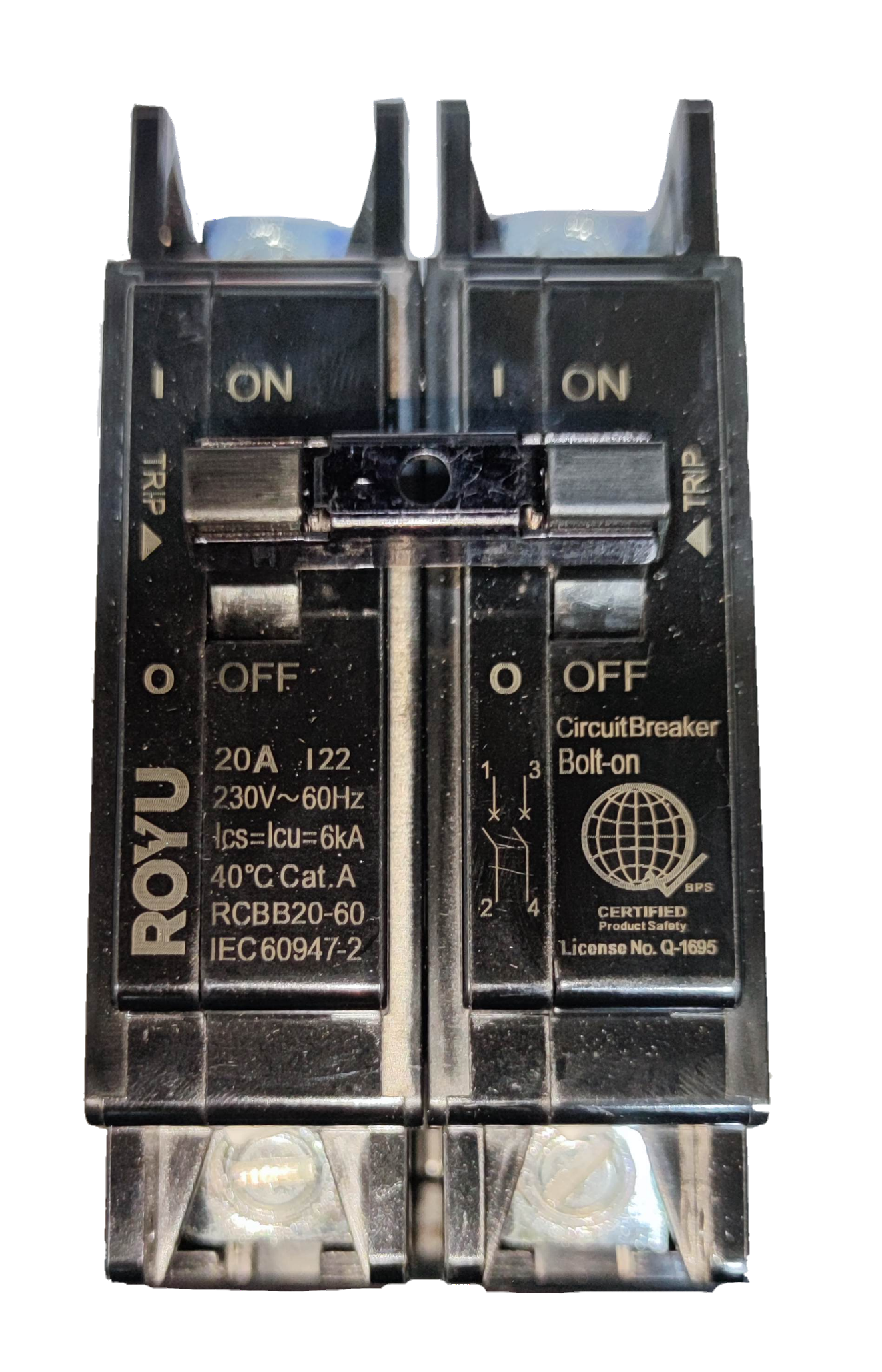 Royu 20A circuit breaker 2 pole RCBB20-60 with clear labeling for easy operation and installation