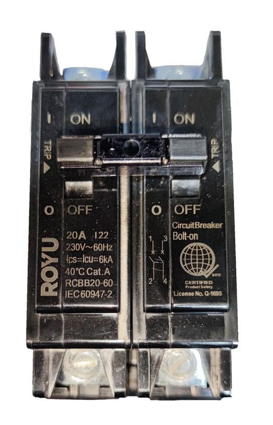 Royu 20A circuit breaker 2 pole RCBB20-60 with clear labeling for easy operation and installation