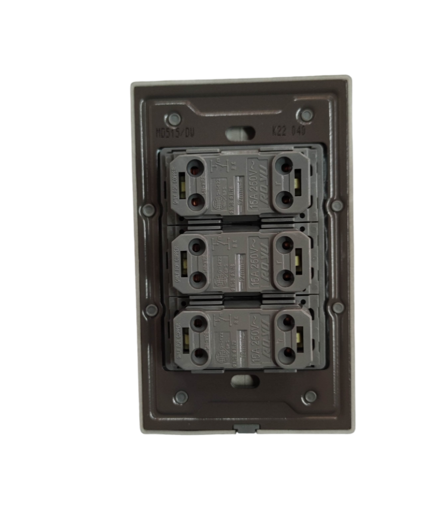 Royu 3 gang 1 way switch showing detailed internal wiring and mounting frame in black background