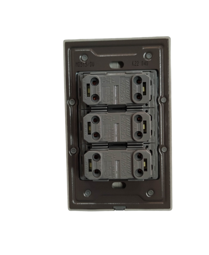 Royu 3 gang 1 way switch showing detailed internal wiring and mounting frame in black background