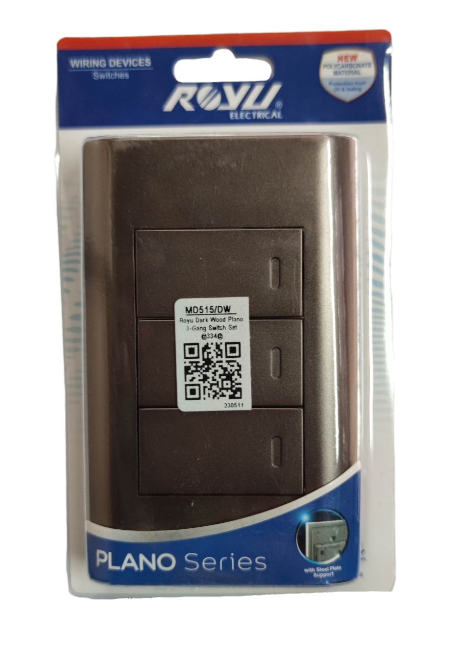 Royu Plano Series 3 gang 1 way switch in dark wood color with QR code on packaging