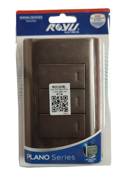 Royu Plano Series 3 gang 1 way switch in dark wood color with QR code on packaging