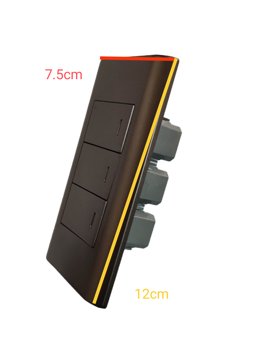 Royu 3 gang 1 way switch with sleek black design measuring 7.5cm by 12cm for wall mounting